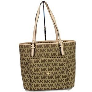 Michael Kors Jet set Signature Pocket MF Tote Brown Khaki Jacquard Leather
